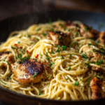 Close-up of steaming garlic butter chicken pasta with pan-seared chicken and fresh herbs.