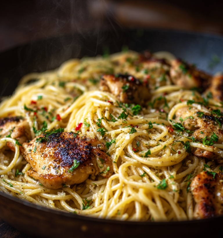 Close-up of steaming garlic butter chicken pasta with pan-seared chicken and fresh herbs.