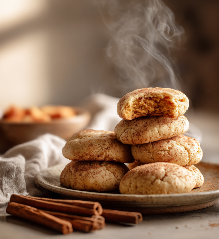 Warm cinnamon sweet potato cookies stacked on a plate with steam and cinnamon sticks.