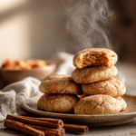 Stack of warm cinnamon sweet potato cookies with a bite taken and steam rising.