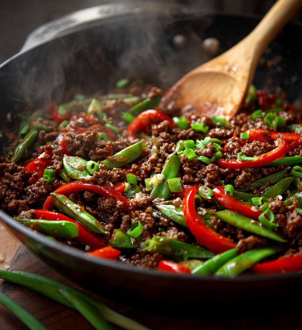 Sizzling Chinese ground beef stir fry with snap peas and red peppers in a wok.