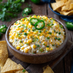 Creamy corn dip topped with sliced jalapeños and green onions served with crunchy tortilla chips.