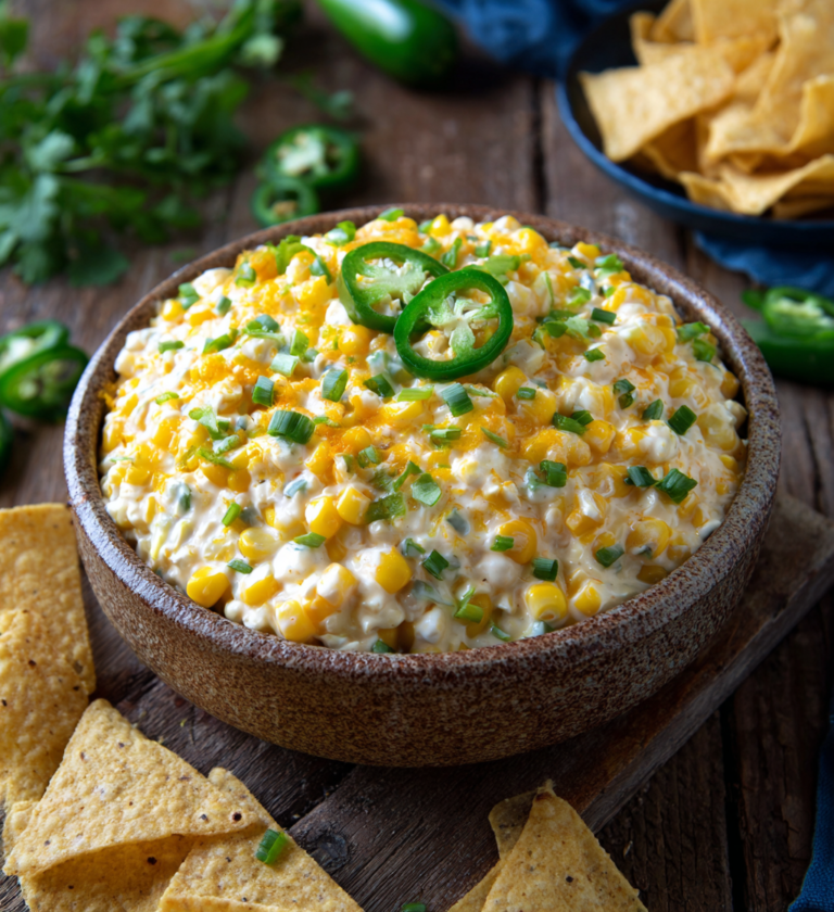 Creamy corn dip topped with sliced jalapeños and green onions served with crunchy tortilla chips.