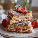 Stacked fried strawberry cheesecake sandwiches dusted with powdered sugar and topped with fresh strawberries.