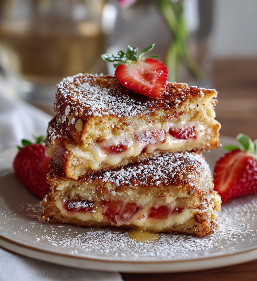 Stacked fried strawberry cheesecake sandwiches dusted with powdered sugar and topped with fresh strawberries.