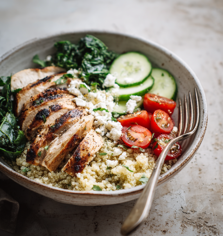 Grilled chicken quinoa bowl with spinach, cucumber, cherry tomatoes, and crumbled feta cheese.