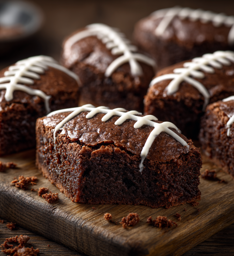 Chocolate football brownies with white icing laces served on a rustic wooden board.