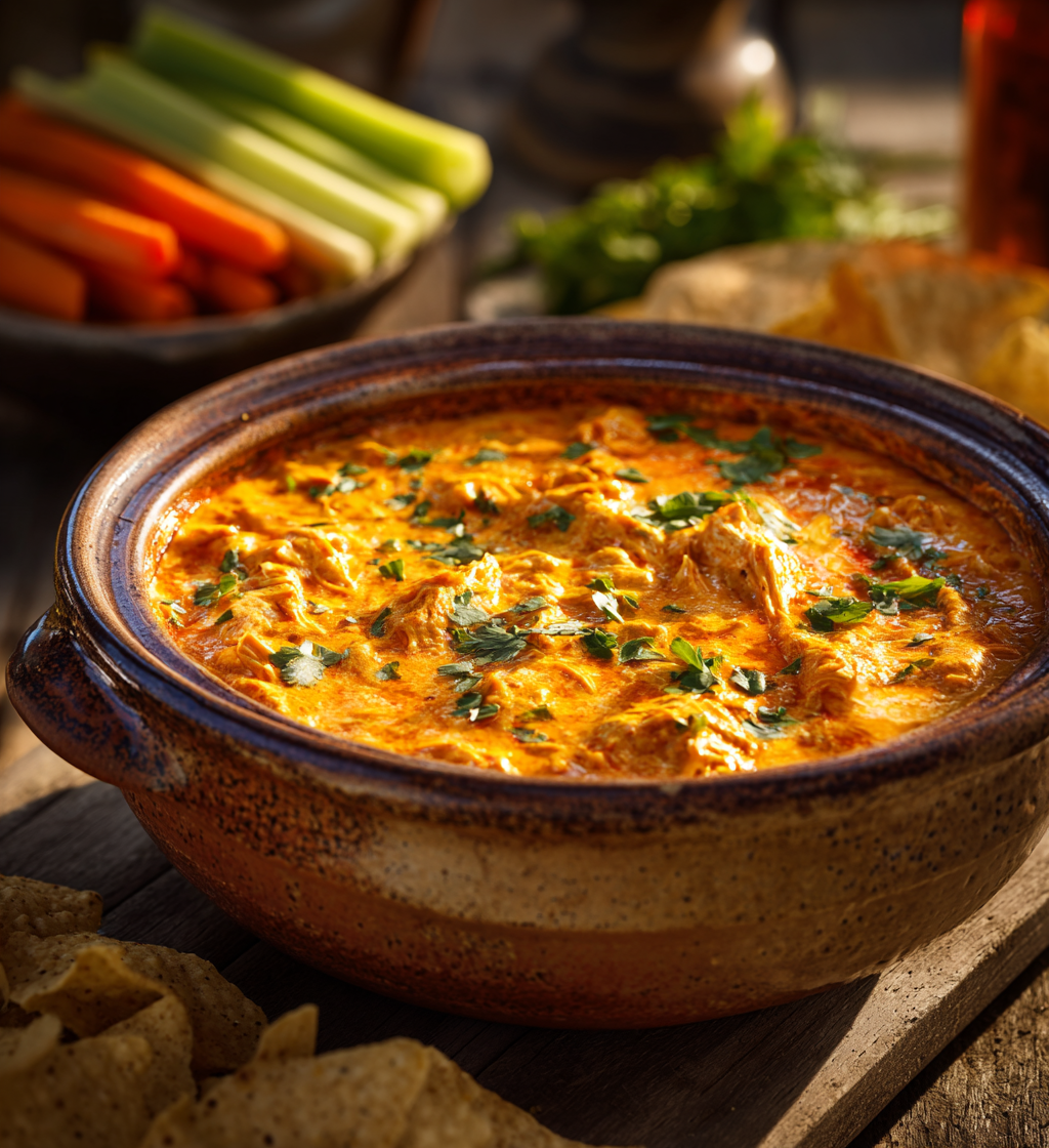 Creamy crockpot buffalo chicken dip in a bowl served with chips, celery, and carrots.