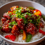 Sweet chili chicken rice bowl topped with bell peppers, green onions, and sesame seeds.
