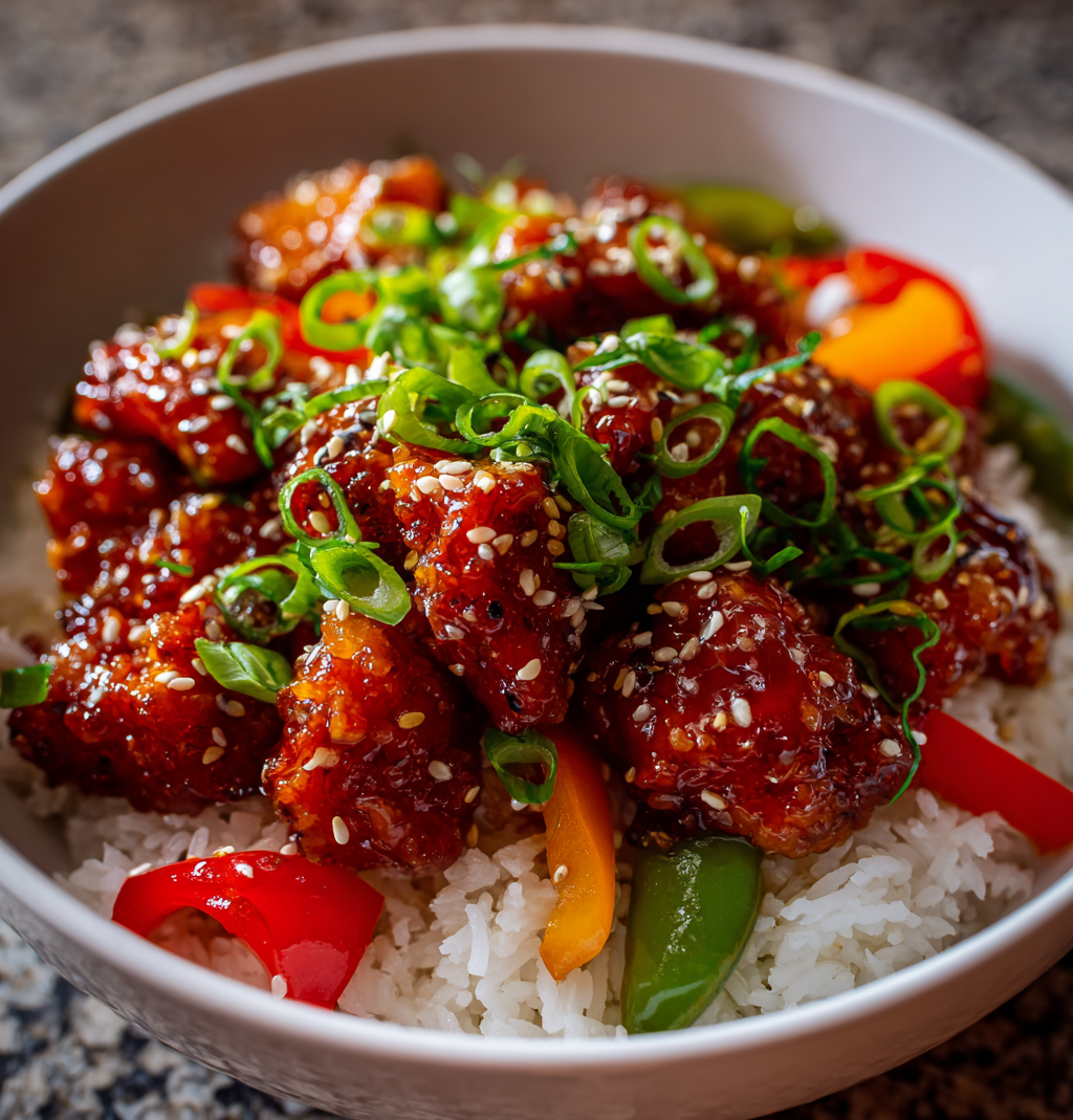 Sweet chili chicken rice bowl topped with bell peppers, green onions, and sesame seeds.