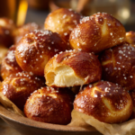 Golden brown, buttery soft pretzel bites topped with coarse salt in a bowl.