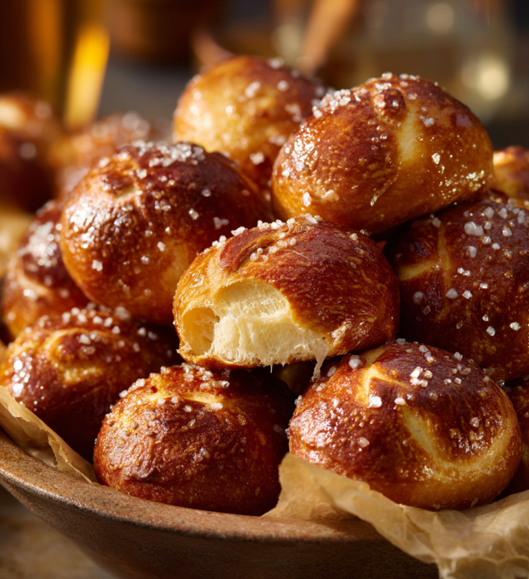 Golden brown, buttery soft pretzel bites topped with coarse salt in a bowl.