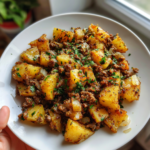 Hearty ground beef and seasoned cubed potatoes garnished with fresh herbs on a plate.
