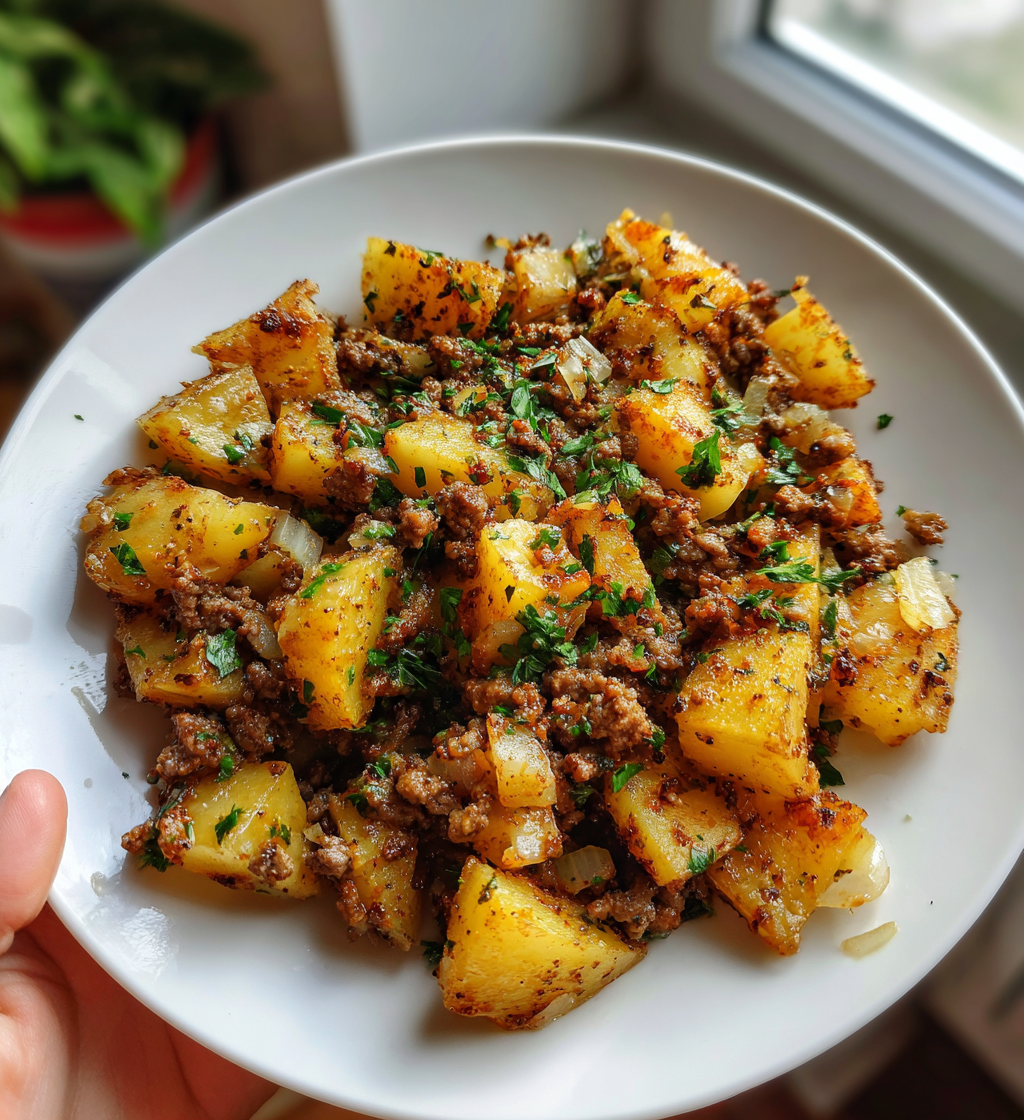 Hearty ground beef and seasoned cubed potatoes garnished with fresh herbs on a plate.