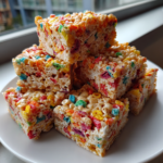 Stack of 3-ingredient Fruity Pebbles Rice Krispie treats on a white plate.