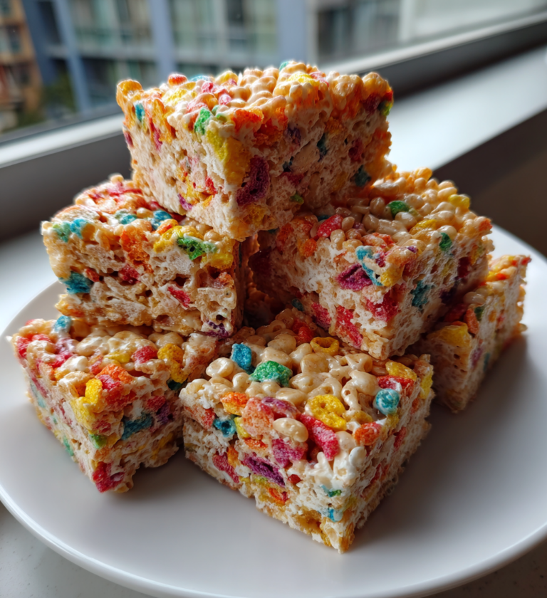 Stack of 3-ingredient Fruity Pebbles Rice Krispie treats on a white plate.