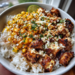 Creamy street corn chicken rice bowl topped with cotija cheese, chili powder, and lime.