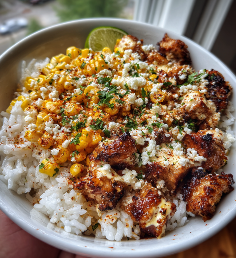 Creamy street corn chicken rice bowl topped with cotija cheese, chili powder, and lime.