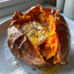 Perfectly baked sweet potato split open with melting butter, salt, and cracked pepper.