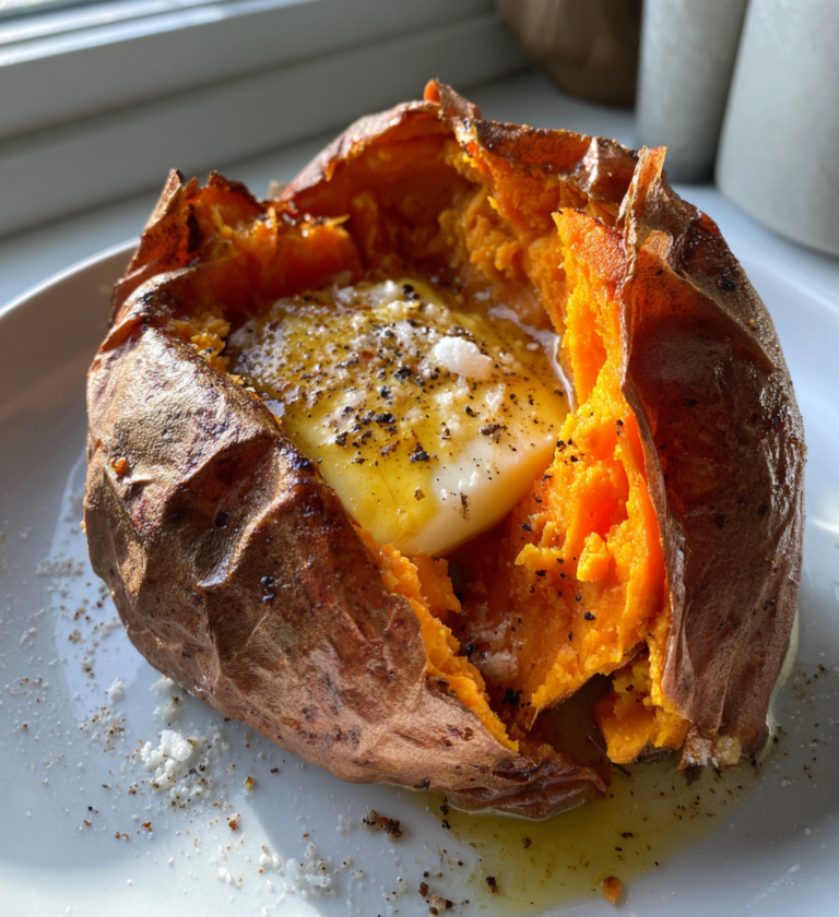 Perfectly baked sweet potato split open with melting butter, salt, and cracked pepper.