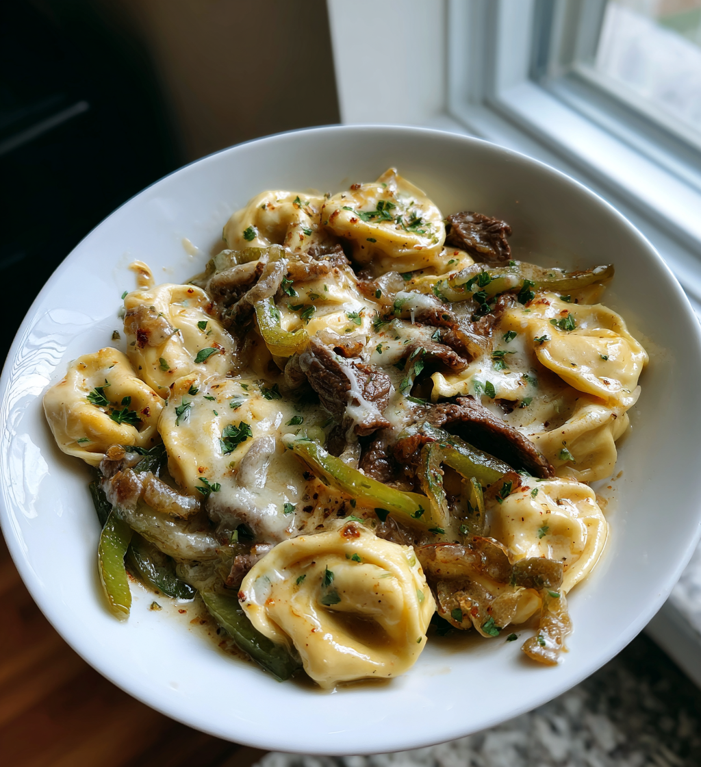 Philly cheesesteak tortellini pasta with steak, green peppers, and melted cheese in a bowl.