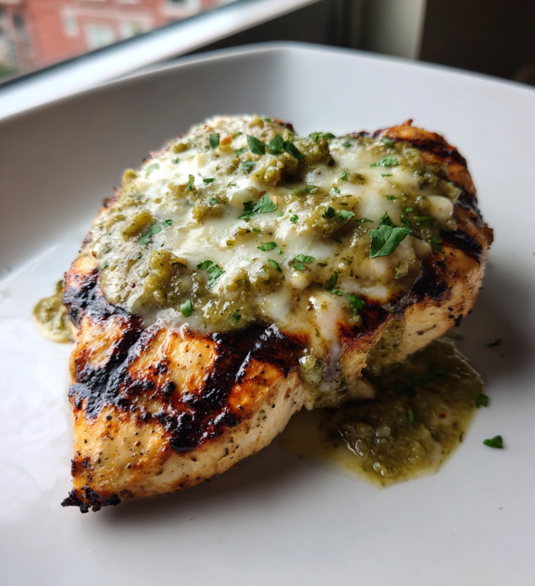 Grilled chicken breast topped with melted pepper jack cheese and fresh salsa verde.