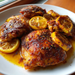 Crispy lemon paprika roast chicken thighs with caramelized lemon slices on a white plate.