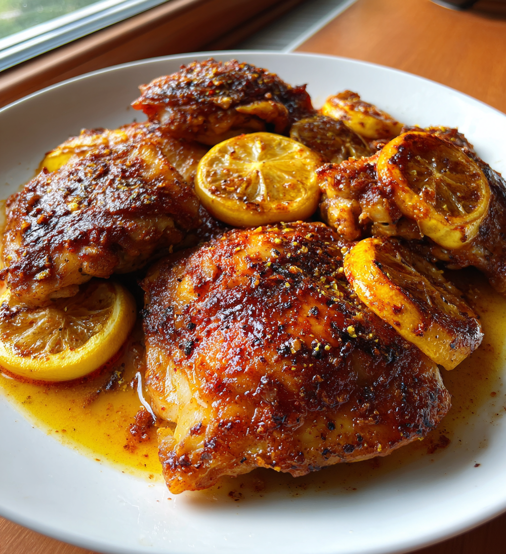 Crispy lemon paprika roast chicken thighs with caramelized lemon slices on a white plate.
