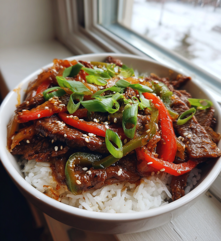 Beef and pepper rice bowl with bell peppers, green onions, and sesame seeds.