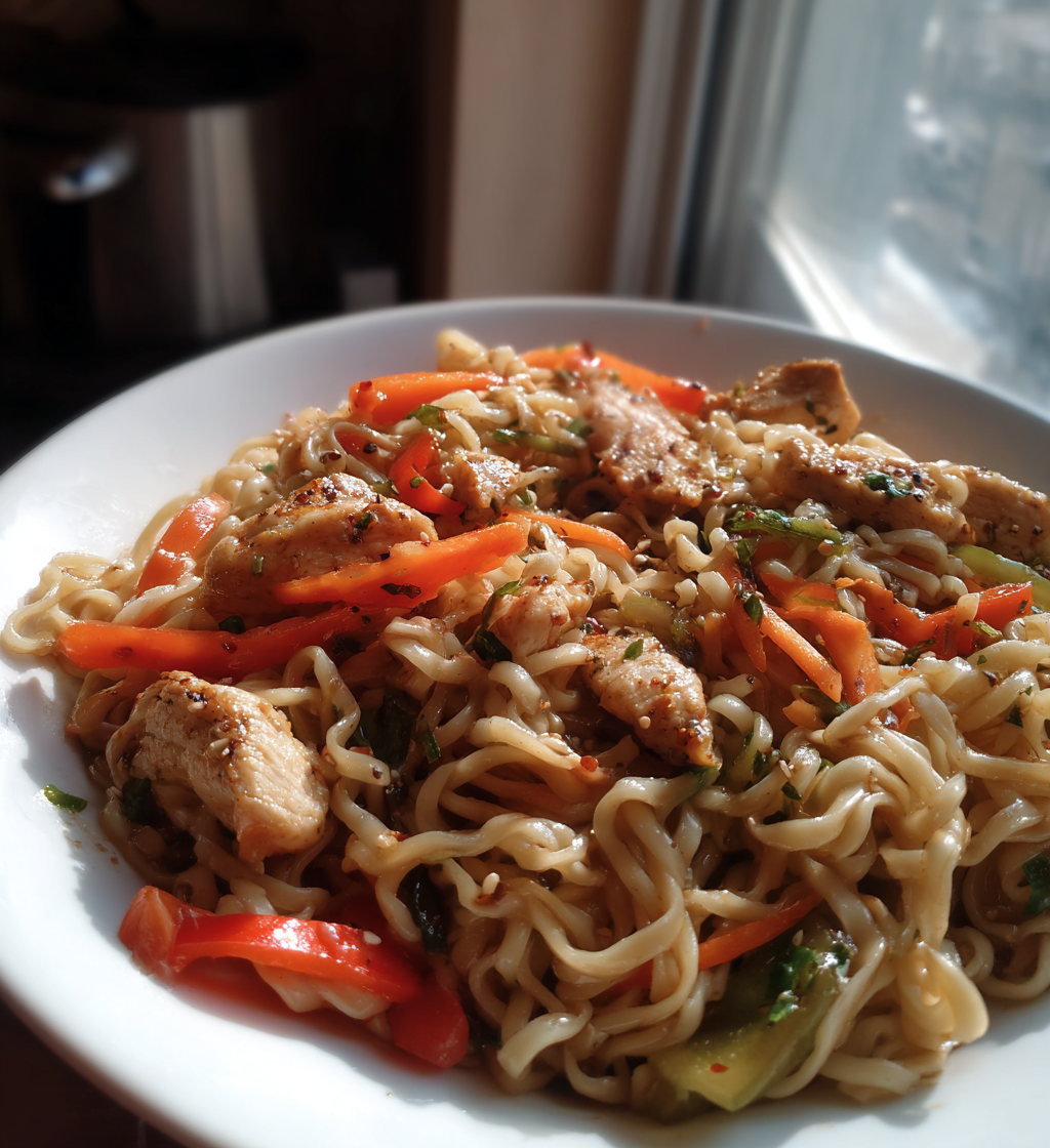 Savory garlic chicken lo mein with stir-fried vegetables, chicken, and sesame seeds.