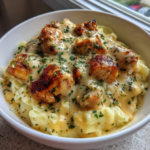 Hearty chicken and cheesy garlic gravy served over a bowl of creamy mashed potatoes.