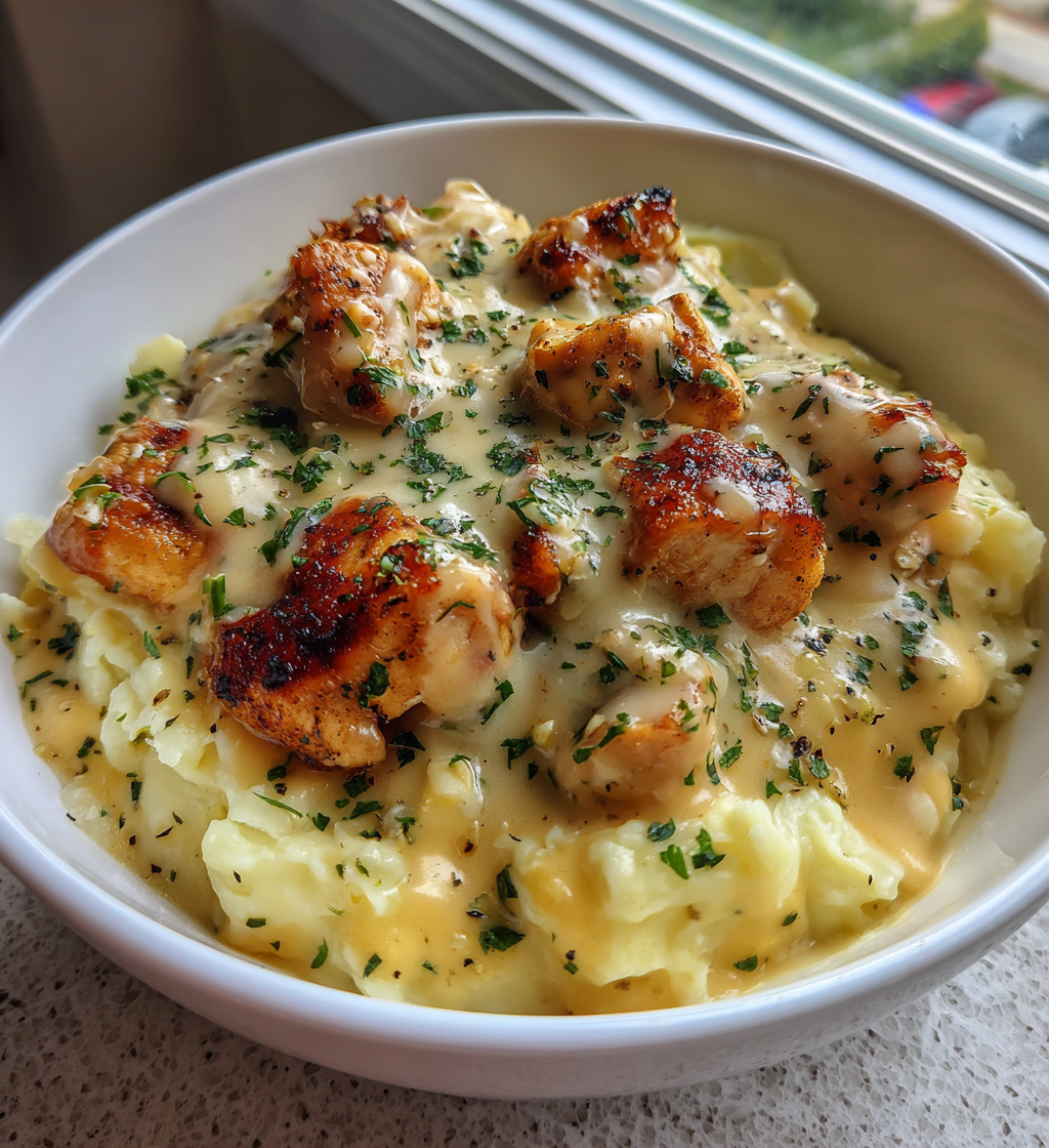 Hearty chicken and cheesy garlic gravy served over a bowl of creamy mashed potatoes.