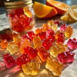 Healthy gelatin gummy bears in a glass jar and scattered near fresh orange slices.