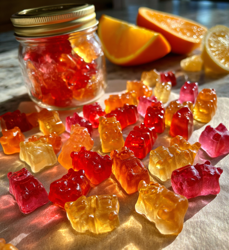 Healthy gelatin gummy bears in a glass jar and scattered near fresh orange slices.