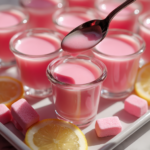 Pink Starburst jello shots in shot glasses with lemon slices and pink candy garnish.