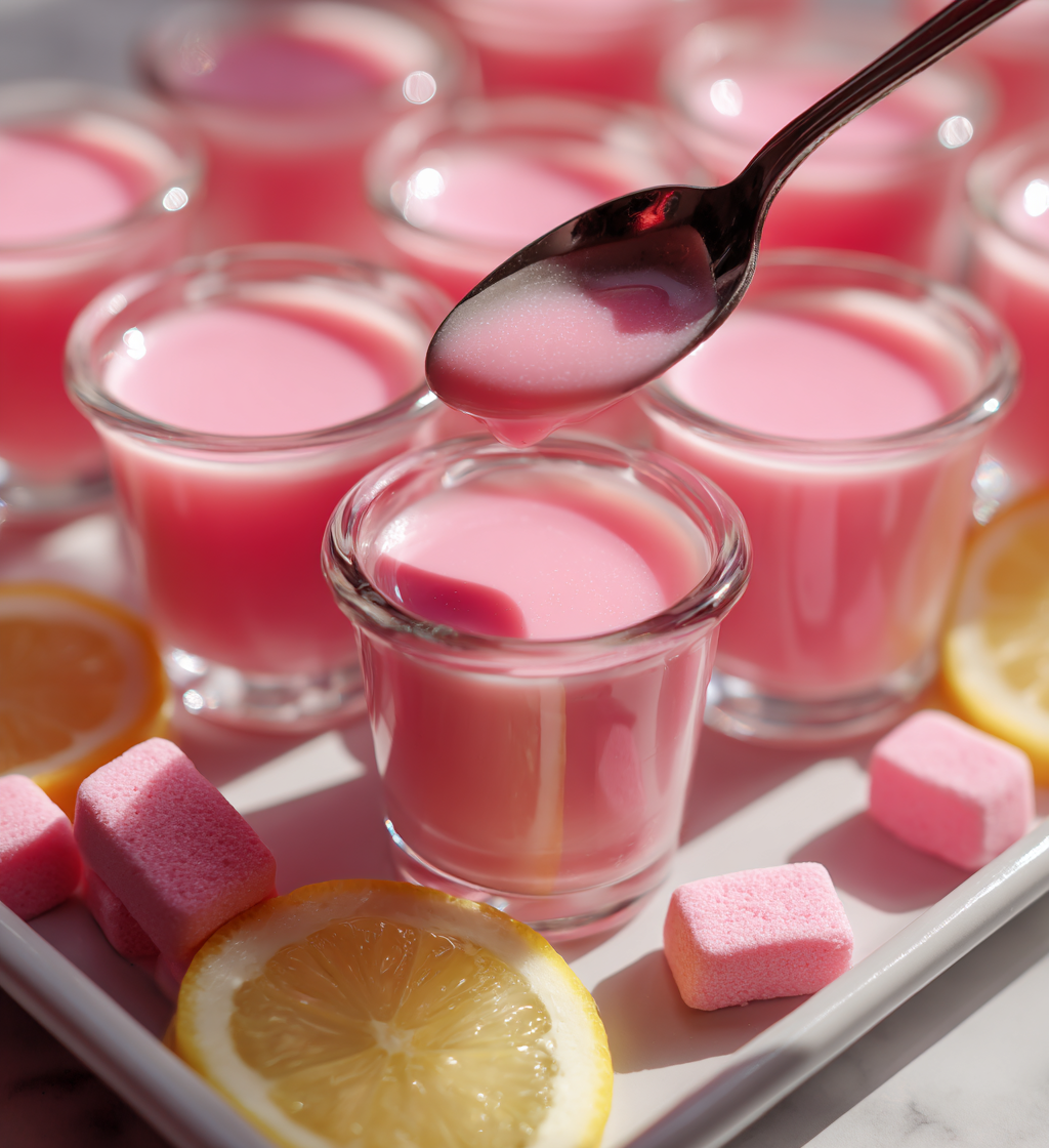 Pink Starburst jello shots in shot glasses with lemon slices and pink candy garnish.