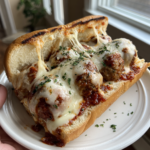 Cheesy meatball sub with melted mozzarella cheese and marinara sauce on a toasted hoagie roll.