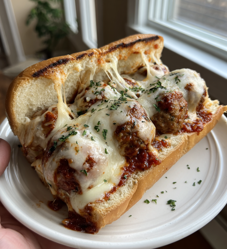Cheesy meatball sub with melted mozzarella cheese and marinara sauce on a toasted hoagie roll.