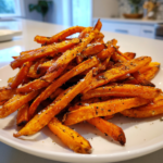 Crispy oven-baked sweet potato fries seasoned with salt and pepper on a white plate.