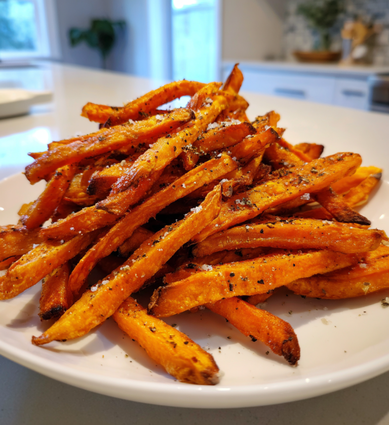 Crispy oven-baked sweet potato fries seasoned with salt and pepper on a white plate.