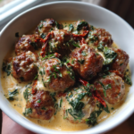 Creamy low carb Tuscan meatballs with sun-dried tomatoes and spinach in a white bowl.