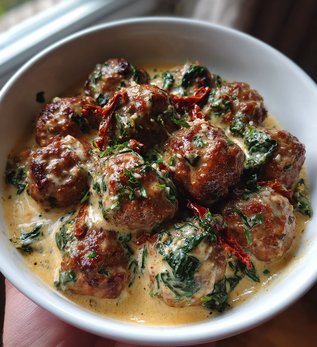 Creamy low carb Tuscan meatballs with sun-dried tomatoes and spinach in a white bowl.