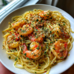 Garlic butter shrimp scampi pasta topped with red pepper flakes and fresh parsley.