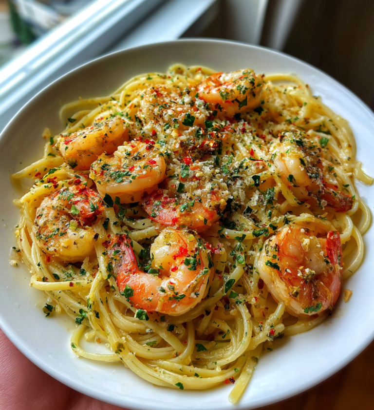 Garlic butter shrimp scampi pasta topped with red pepper flakes and fresh parsley.