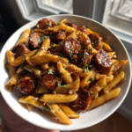 Sticky honey garlic sausage pasta skillet with penne, parsley, and red pepper flakes.