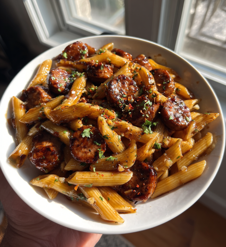Sticky honey garlic sausage pasta skillet with penne, parsley, and red pepper flakes.