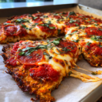 Cheesy chicken crust pizza with pepperoni and fresh basil on a parchment-lined baking sheet.