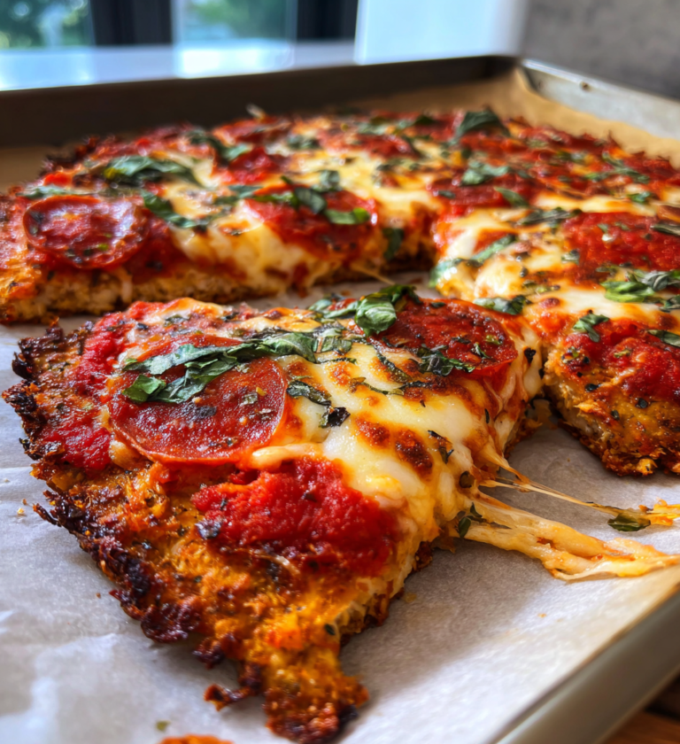 Cheesy chicken crust pizza with pepperoni and fresh basil on a parchment-lined baking sheet.