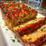 Sliced juicy garlic parmesan chicken meatloaf topped with glaze and fresh green herbs.