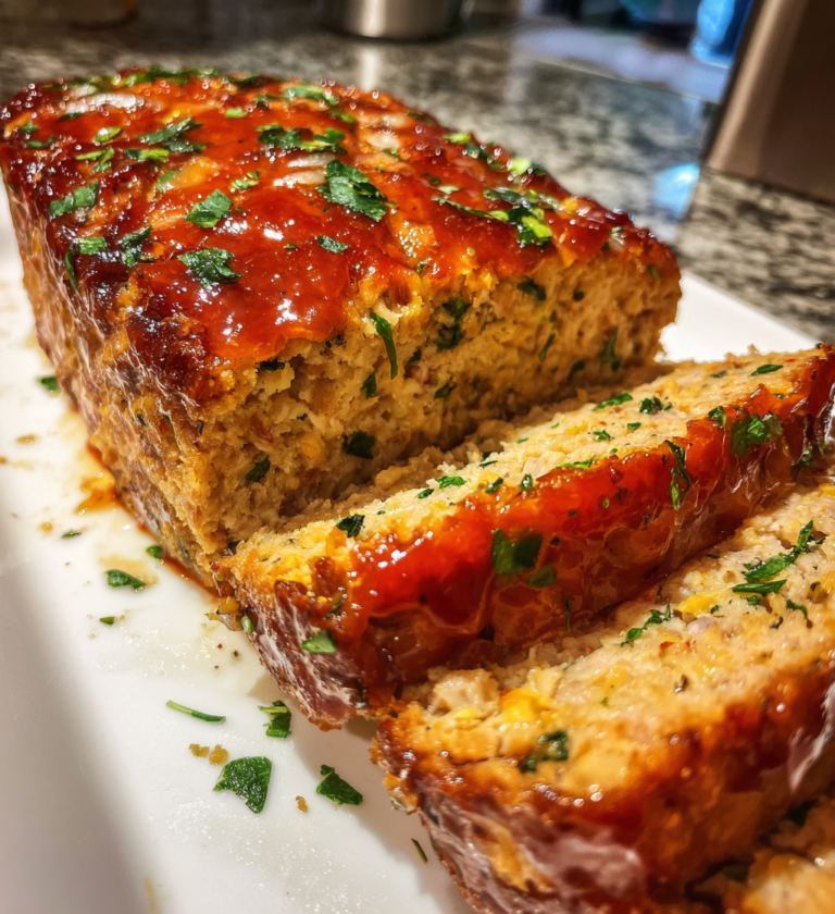 Sliced juicy garlic parmesan chicken meatloaf topped with glaze and fresh green herbs.